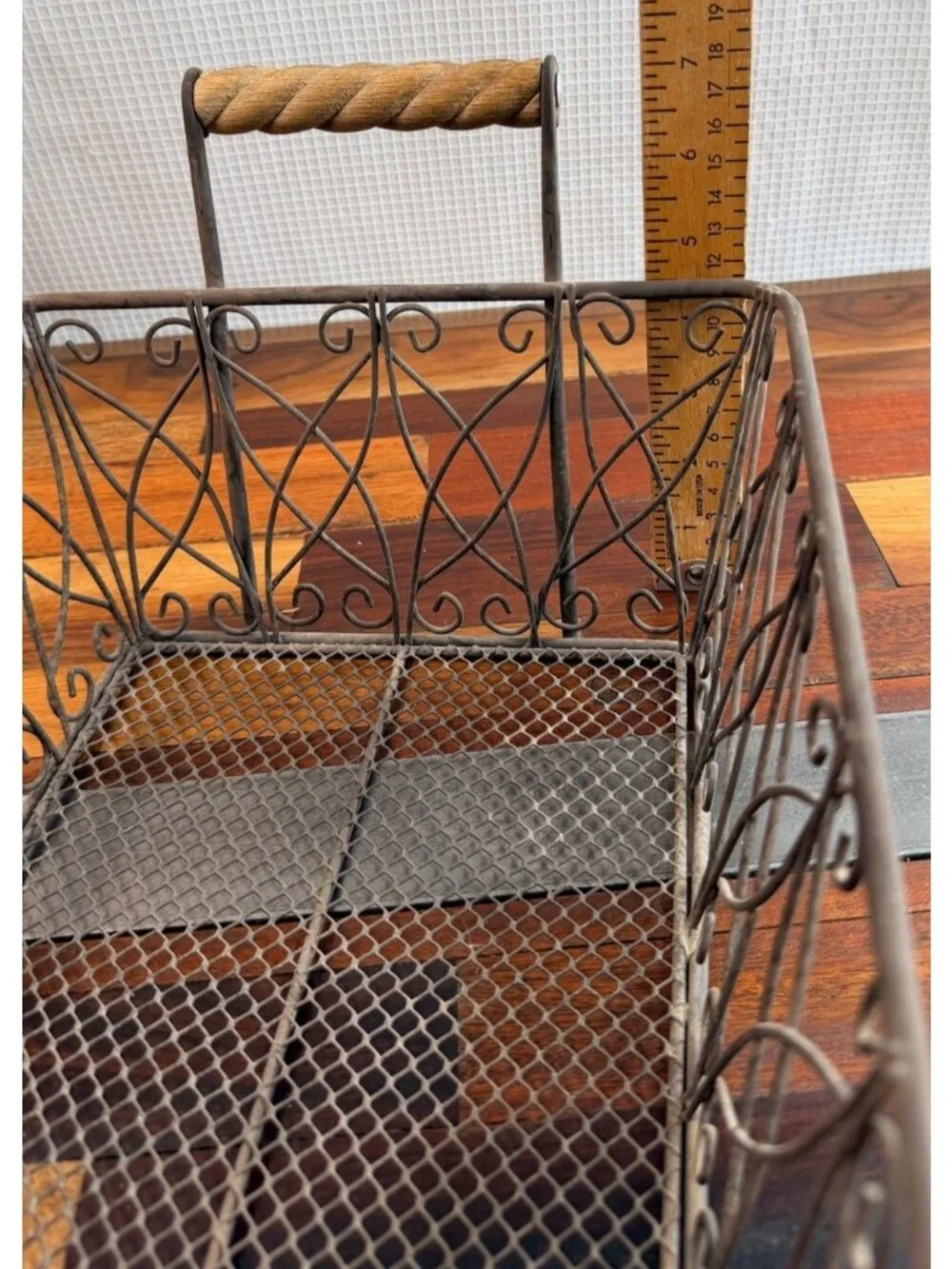 Vintage Rustic Wire Scroll Storage Basket Primitives wood handles